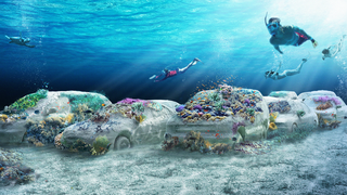 A rendering shows scuba divers looking at fish near a car-shaped underwater sculpture.